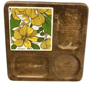 70s Vintage Yellow Floral Tile Hardwood Signed Cutting Charcuterie Board Japan